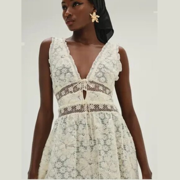NEW FOR LOVE AND LEMONS SNOWFLAKE DAISY MESH MIDI DRESS IN CREAM SIZE S - Picture 1 of 11